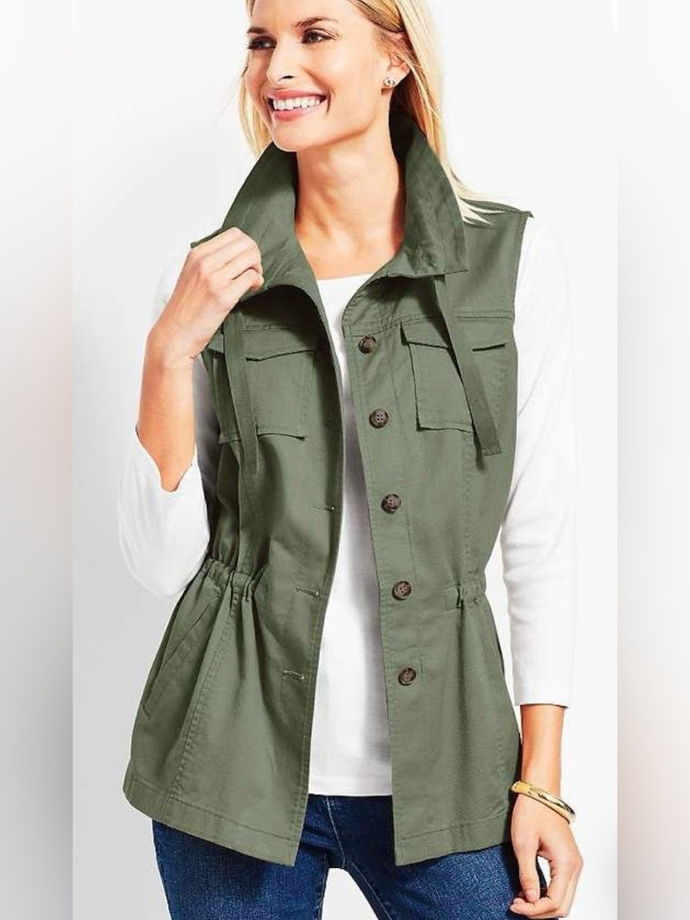 Talbots Woman 2X Beige Cotton Utility Safari Vest Longline Plus Size